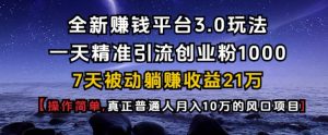 全新赚钱平台3.0玩法一天精准引流创业粉1000.7天被动躺Z收益21W【仅揭秘】-康仁安资源