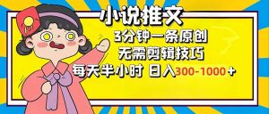 小说推文6.0，简单无脑，3分钟一个原创作品，每天半小时，日入300-1000...-康仁安资源