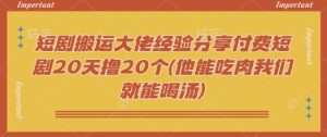 短剧搬运大佬经验分享付费短剧20天撸20个(他能吃肉我们就能喝汤)-康仁安资源