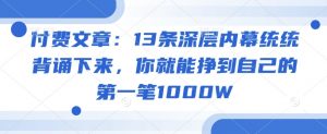 付费文章：13条深层内幕统统背诵下来，你就能挣到自己的第一笔1000W-康仁安资源