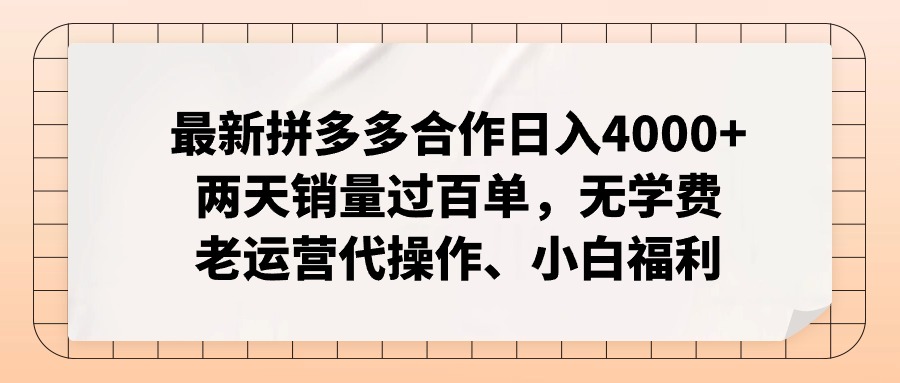 拼多多最新合作日入4000+两天销量过百单，无学费、老运营代操作、小白福利-康仁安资源