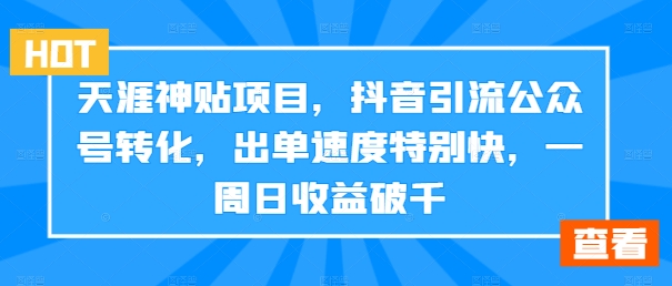 天涯神贴项目，抖音引流公众号转化，出单速度特别快，一周日收益破千-康仁安资源