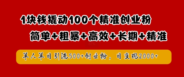 1块钱撬动100个精准创业粉，简单粗暴高效长期精准，单人单日引流500+创业粉，日变现2k【揭秘】-康仁安资源