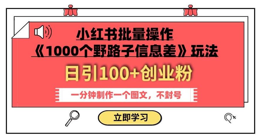 小红书批量操作《1000个野路子信息差》玩法，一分钟制作一个图文，不封号，日引100+创业粉-康仁安资源