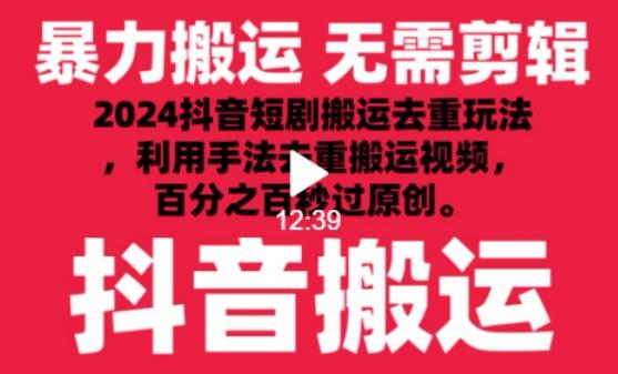 2024最新抖音搬运技术，抖音短剧视频去重，手法搬运，利用工具去重，达到秒过原创的效果【揭秘】-康仁安资源