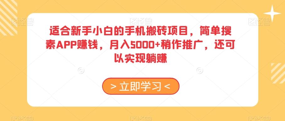 适合新手小白的手机搬砖项目，简单搜素APP赚钱，月入5000+稍作推广，还可以实现躺赚【揭秘】-康仁安资源