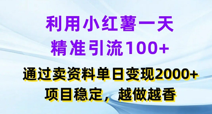 利用小红书一天精准引流100+，通过卖项目单日变现2k+，项目稳定，越做越香【揭秘】-康仁安资源