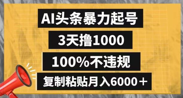 AI头条暴力起号，3天撸1000,100%不违规，复制粘贴月入6000＋【揭秘】-康仁安资源