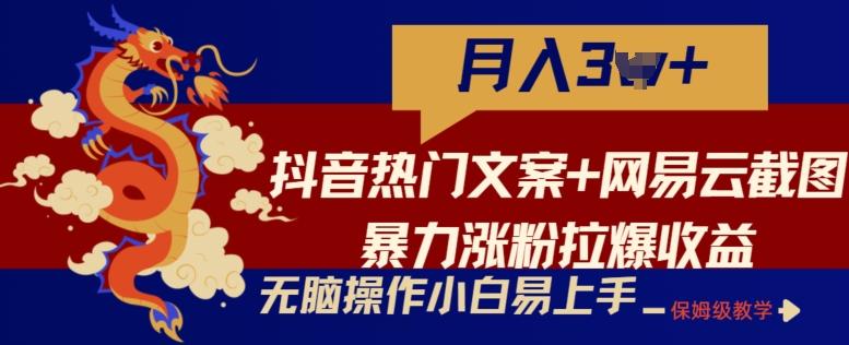 抖音热门文案+网易云截图暴力涨粉拉爆收益玩法，小白无脑操作，简单易上手【揭秘】-康仁安资源